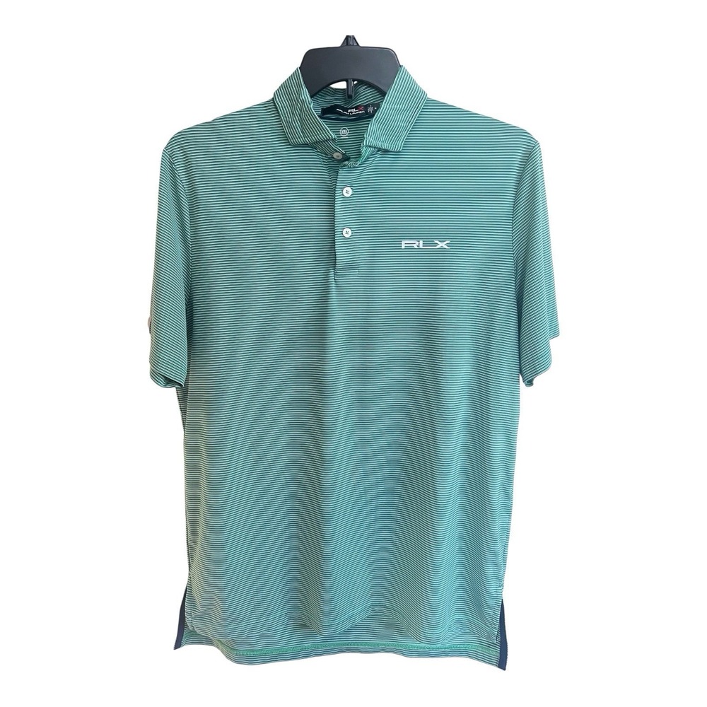 RALPH LAUREN RLX Striped Golf Polo Green‎ Navy White Short Sleeved Mens Medium